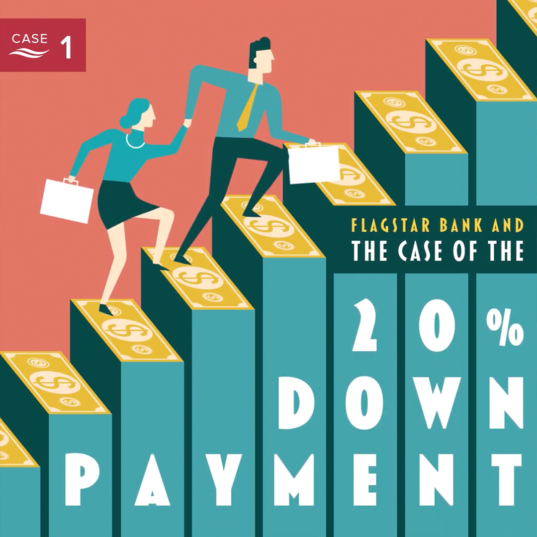 An illustration of two people running up a staircase made of money in the style of a retro mystery novel cover. An illustration of two people running up a staircase made of money in the style of a retro mystery novel cover.